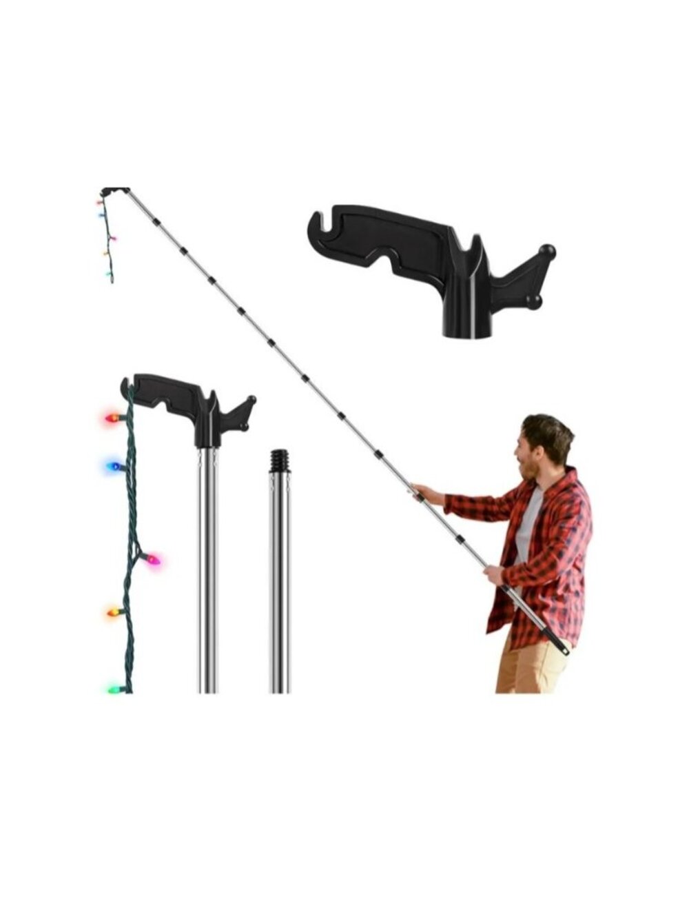 3-15 Ft Christmas Light Hanger Pole Utility Hook Extendable Pole String Lights